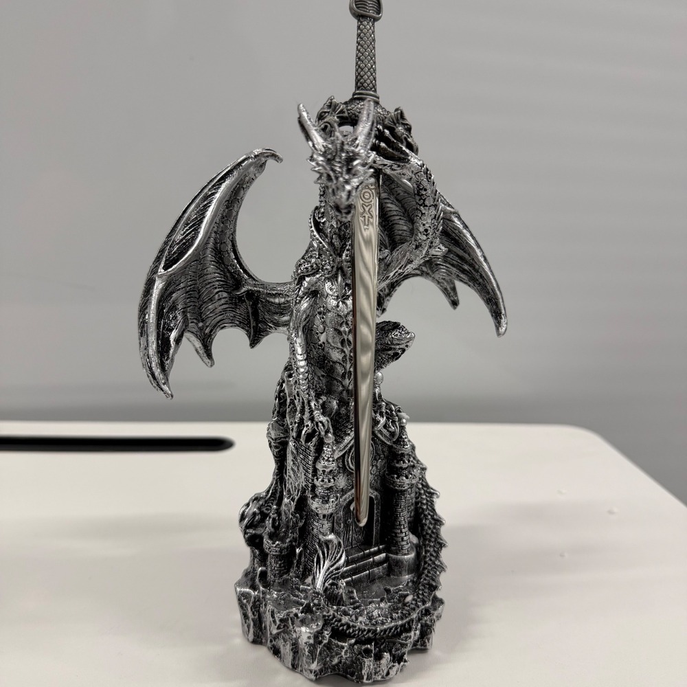 Silver Dragon Castle Statue with Removable Sword Letter Opener Fantasy Decor
